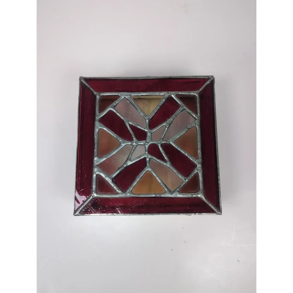 Stained Glass Trinket Box W/Top Red/Yellow Handmade Vintage Jewelry Cosmic 6X6x3
